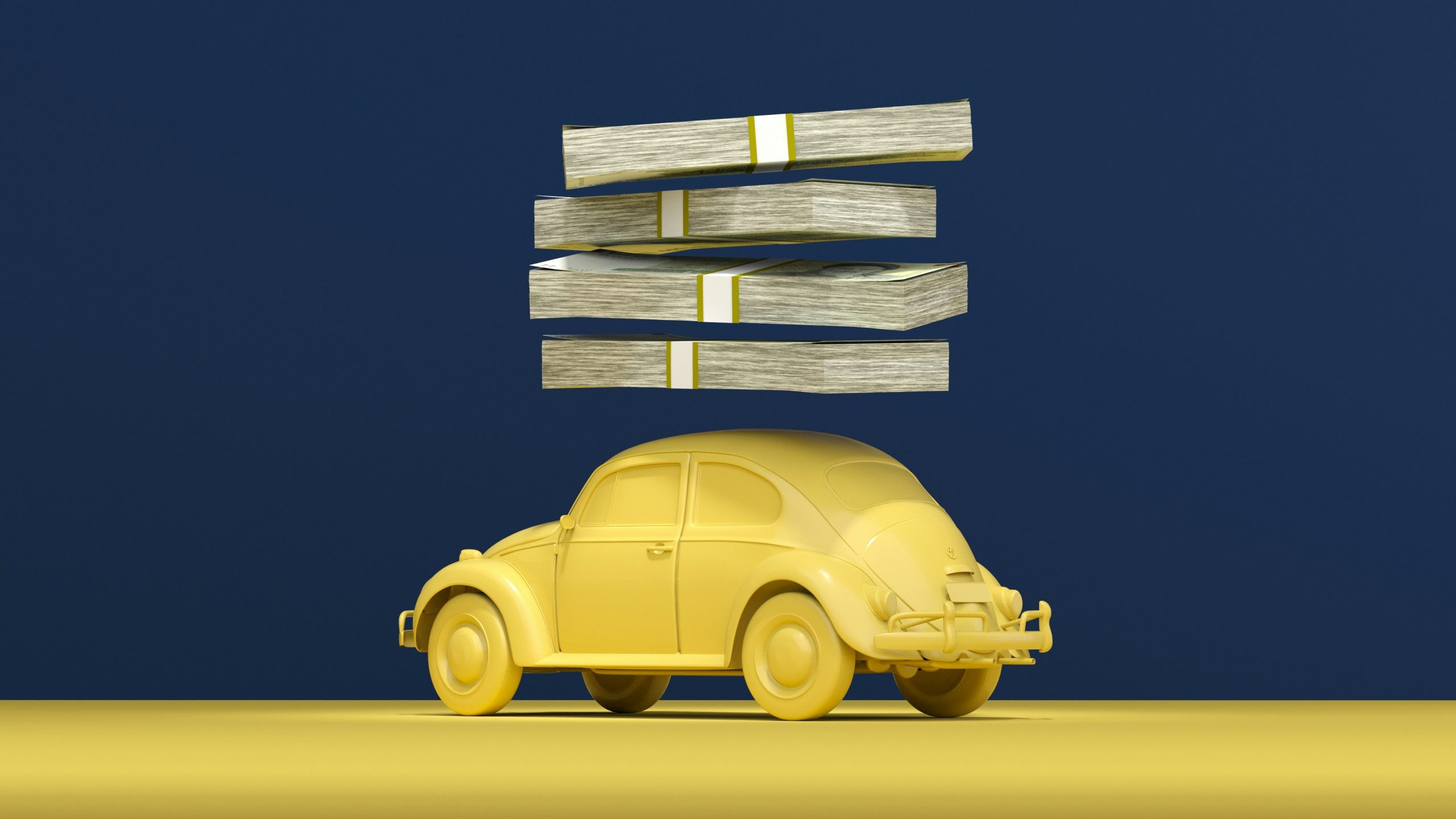 yellow miniature car under bundles of cash